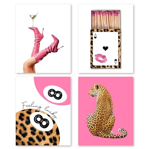 Affiches esthétiques Y2K déco chambre coquette 20x25cm lot de 4 art mural léopard rose FUQWZ