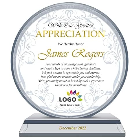 Extra-thick M-7" Personalized Unique Appreciation Gift Plaque for Retirement Boss, Employee, Pastor, Top Grade Ultra Clear K9 Crystal, Circle Award Plaque with Personalized Name and Company LOGO Cover