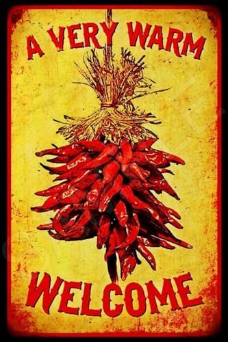 Eletina F14 Retro Metal Tin Sign Chilli Pepper Welcome Metal Sign New Mexico Ristra Restaurant Sign Home Cave Garage Bar Wall Decoration Signs 8 X 12 Inch
