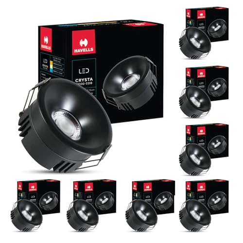 Image of Havells Crysta Deco Cob 7W 3K Matt Black,Led-Spotlights,Energy Efficient,Long Life of 25000 Burning Hours,Beam Angle of 36,Metal Body Cob with Independent Driver,Warm White (3000K) Pack of 8