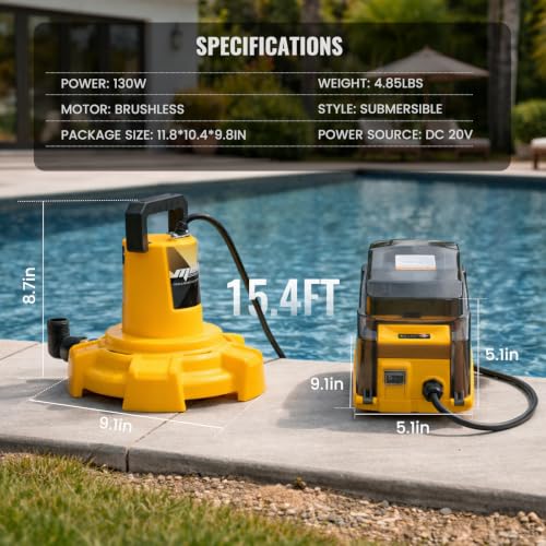 Image of Cordless Submersible Sump Pump Compatible with Dewalt 20V /60V MAX Battery, 1320 GPH Brushless Portable Water Transfer Pump w /Auto Shut-Off & 15.4ft Cord(Tool Only), Pool Pond Garden Basement