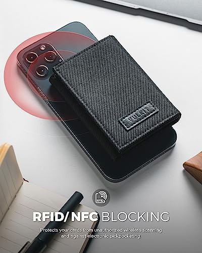 VULKIT Trifold Canvas Wallet Slim Credit Card Holder with 3 ID Windows & Zipper Pocket Rfid Blocking Minimalist Nylon Wallet for Men, Small Mens Polyester Touch Fasteners Wallet (Black)2