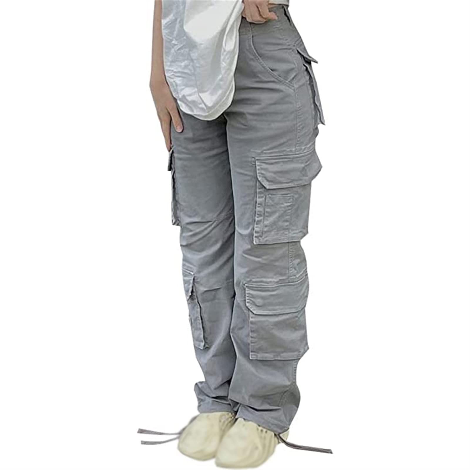 Damen Mädchen Cargohose Y2K Baggy Hohe Taille Cargo Hose Gerade Weites Bein Baggy Jeans Y2K Gothic Denim Hose Streetwear mit Taschen