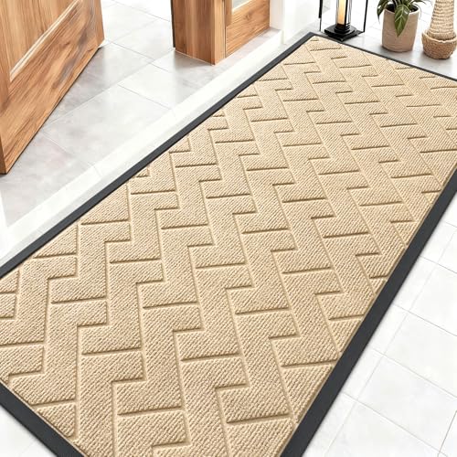 Image of OLANLY Front Door Mat Indoor Outdoor Entrance, Waterproof All-Season, All-Weather Doormat, Sturdy Natural Rubber, Low Profile, Easy Clean Patio Porch Entryway Mat, Herringbone Brick (Beige, 59x23)