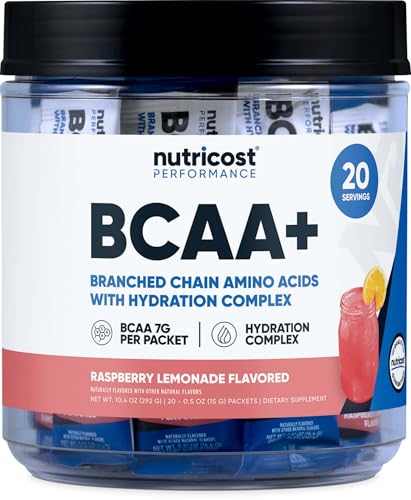 Nutricost BCAA+ Hydration Raspberry Lemonade (20 Stickpacks) - Branched Chain Amino Acids with Hydration Complex - Gluten-Free, Non-GMO