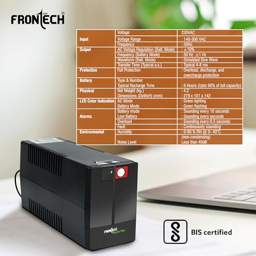 FRONTECH UPS Electra Plus 600VA/360W, Uninterrupted Power Supply System, Maintenance Free Battery, LED Indicator, Power Backup & Protection for... - Image 6