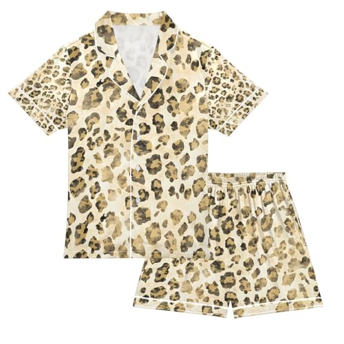 senya Gloden Leopard Design Satin Summer Pajama Sets Silk Short Sleeve Button Down Sleepwear