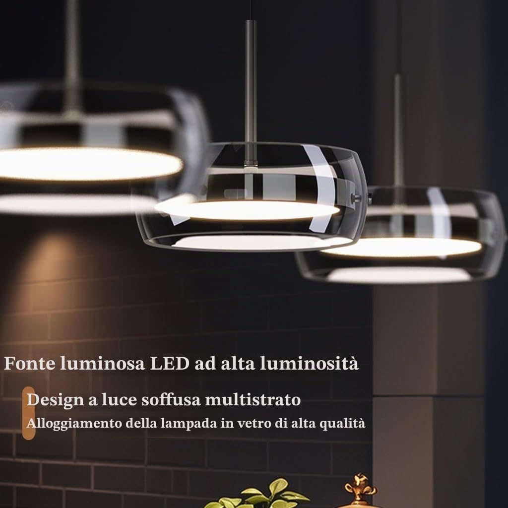 Lampadario Contemporanea A LED Lampada A Sospensione In Vetro Fumé Lampadario In Stile Industriale Lampada Da Pranzo Sospesa Regolabile In Altezza Adatta Per Soggiorno Cucina Camera Da Letto(A4)