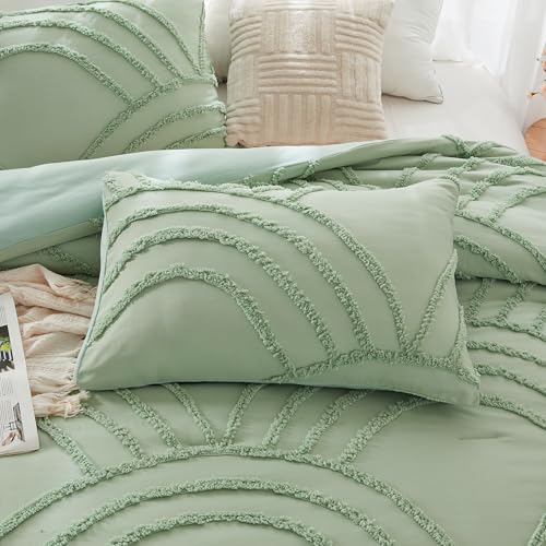 Image of ENJOHOS Sage Green Full Comforter Set for College Girls - Boho Tufted Rainbow Comforter Full Size, 3 Pc Rainbow Bedding for All Season, Lightweight Soft Microfiber Comforter with 2 Pillowcase