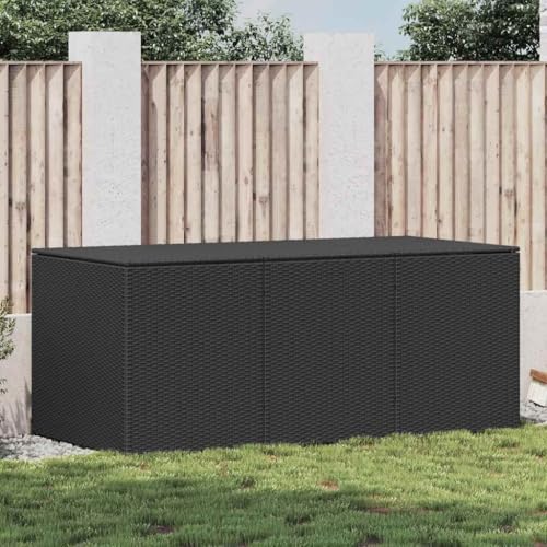 QUAHEAS Caja de almacenaje de jardín de polirratán, 180 x 90 x 70 cm, color negro, con espacio de almacenamiento, impermeable, resistente a la intemperie, se puede cerrar para balcón, terraza
