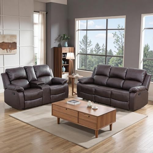 2 Pieces Leather Recliner Sofa Set，Recliner Sofa and Loveseat Sets for Living Room Furniture，Brown Reclining Couch with 4 Recliners for Living Room/Office/Theater Seating(Sofa Set 2 Pieces)