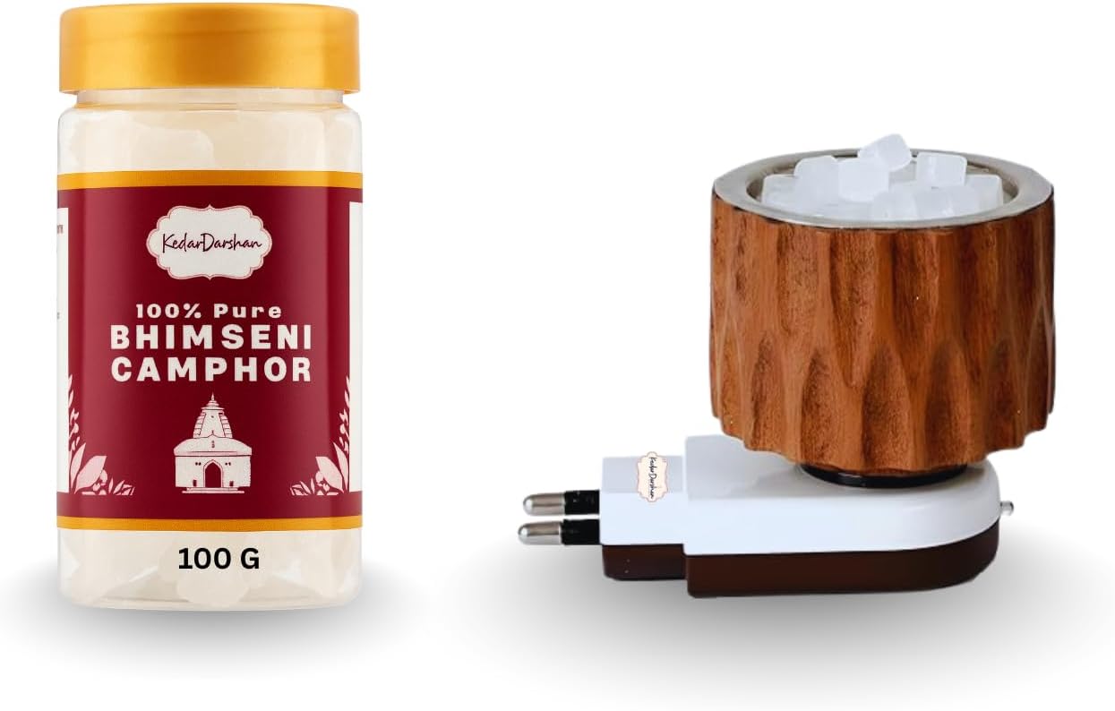 100gm Bhimseni Camphor & Wooden Kapoor Dani Karpuram Bakhoor Oud Aroma Oil Diffuser Incense Dhoop Burner Electrical Stand Machine for Home Fragrance (Wooden Spiral +100gm Bhimseni)