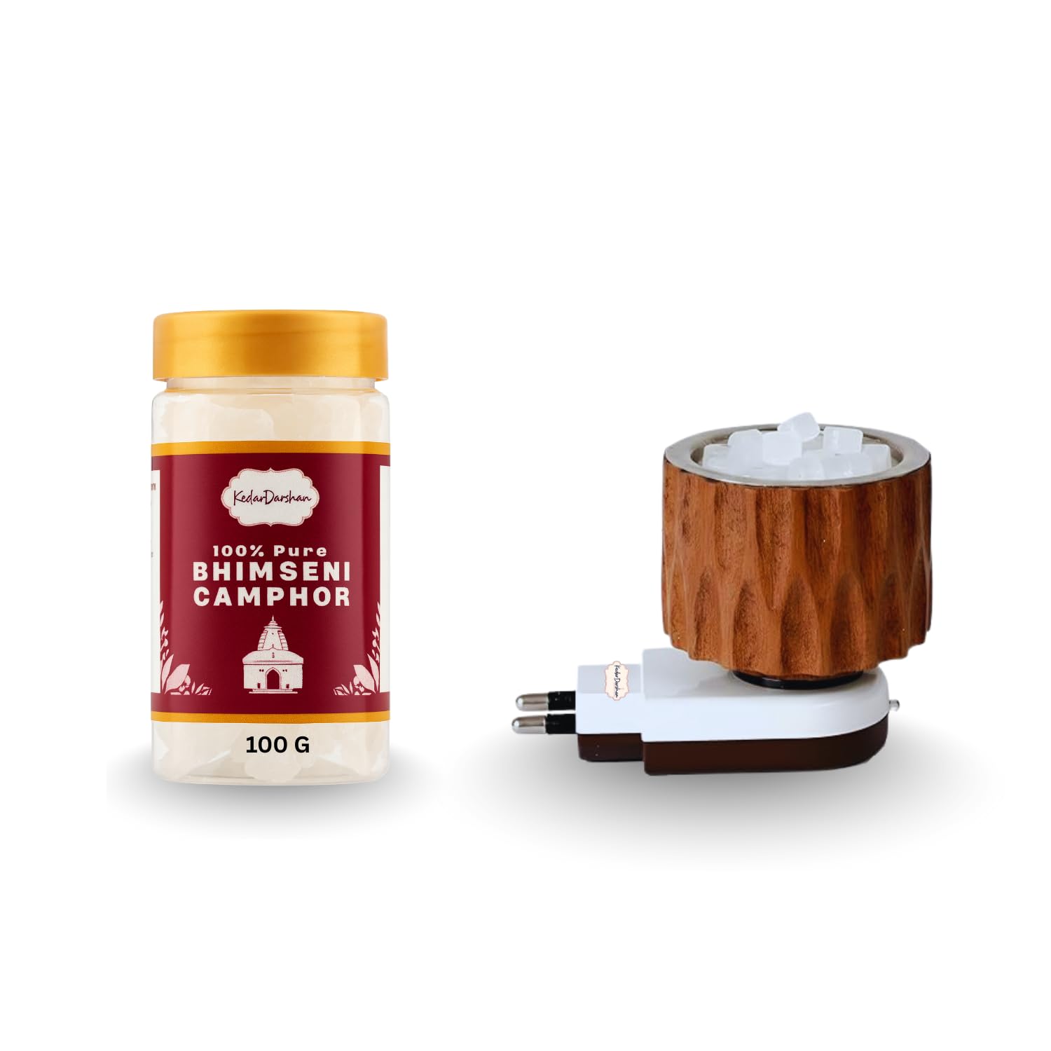 100gm Bhimseni Camphor & Wooden Kapoor Dani Karpuram Bakhoor Oud Aroma Oil Diffuser Incense Dhoop Burner Electrical Stand Machine for Home Fragrance (Wooden Spiral +100gm Bhimseni)