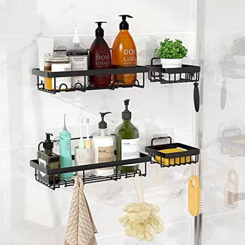WANBY Shower Caddy Shelf with Hooks Storage Rack Organizer Wall-mounted without Holes 2 Pack Shower Caddy and 2 Soap Holders for Bathroom Washroom Restroom Shower Toilet Kitchen Cover