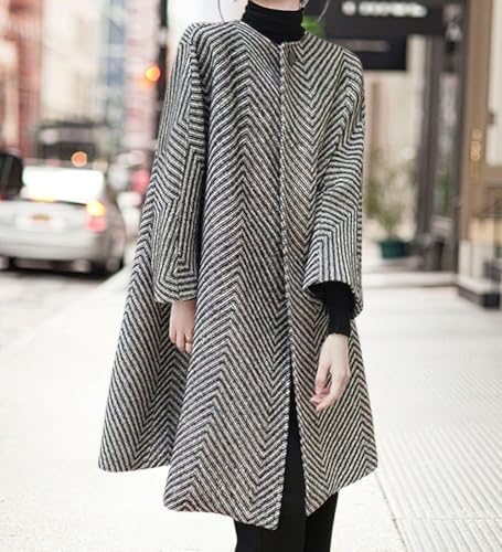 chouyatou Women's Herringbone Collarless Blazer Wool Coat 3/4 Sleeve Mid Long Trench Coat with Belt3