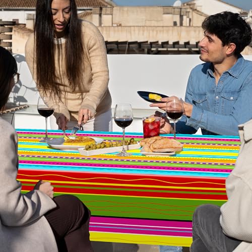 Image of 3 Pcs Plastic Day of the Dead Tablecloth Mexican Theme Party Decorations | 54 inch x 108 inch Fit 6FT Table, Thick PE3 Plastic Rectangle Table Cover, Colorful Serape Stripe Dinnerware Fiesta Decorations