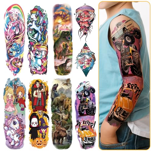 52 PCS Temporary Tattoos for Kids Full Arm Sleeve Fake Tattoos, Dinosaur Mons...