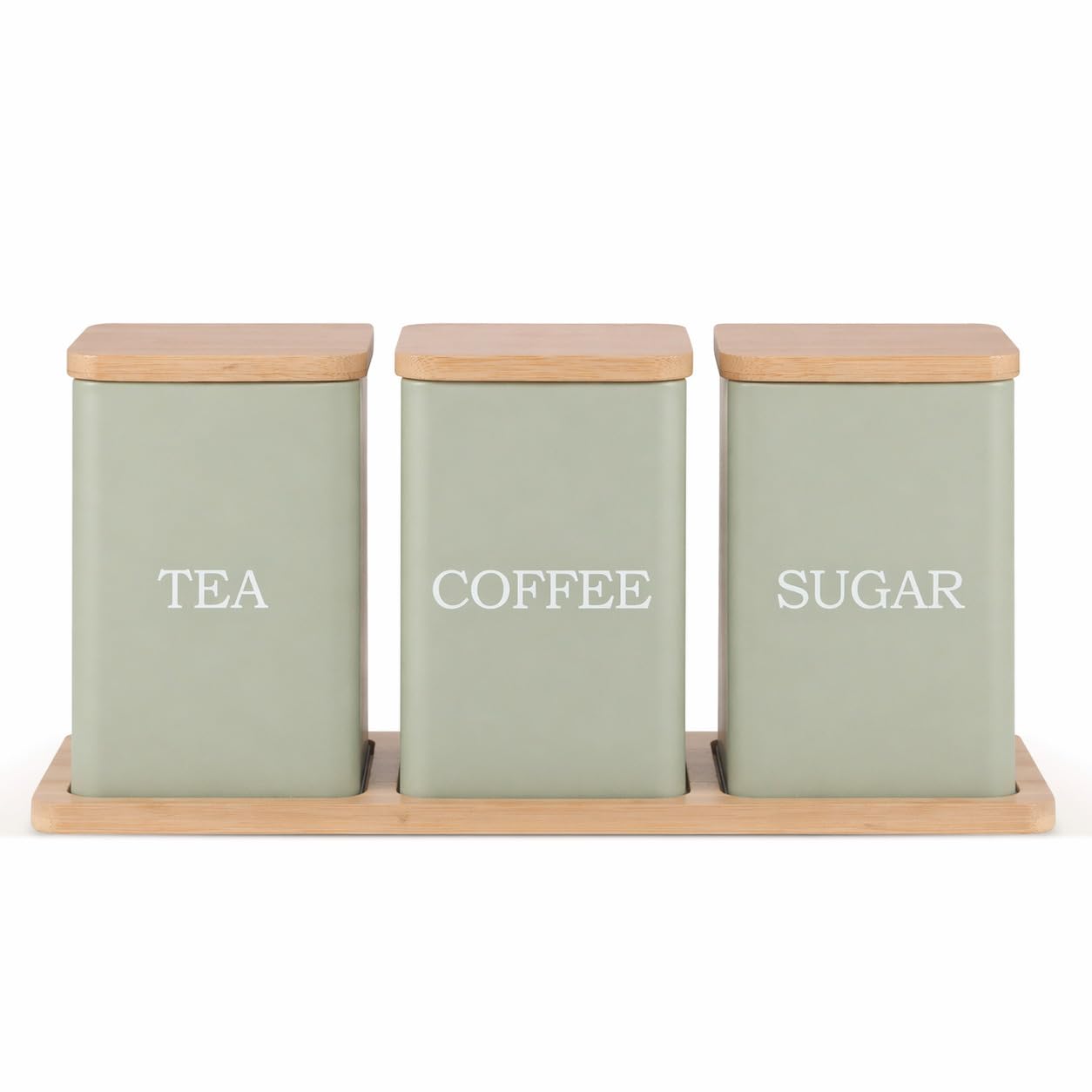 Ehc Sage Tea, Coffee, Sugar, Canister Set, Storage Canister Set With Tray - Easy To Open Airtight Lids - Storage Tea, Sugar, & Coffee - Set Of 3 Canisters,