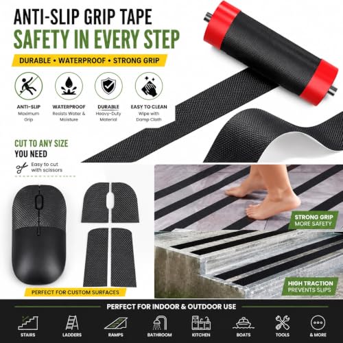 Image of Diamond Texture Rubber Grip Tape for Handles and Surfaces | Anti Skid Adhesive Tape for Heavy Grip on Indoor and Outdoor Stairs, Gadgets, DIY Tools Use-(2In x 16.4Ft), Black