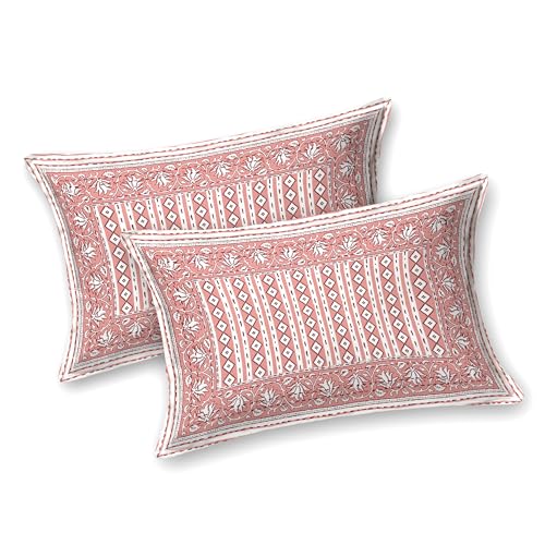 Image of BLOCKS OF INDIA Hand Block Printed 200 TC Cotton Super King Size Bedsheet (Pink LINE)