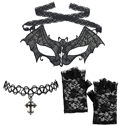 Venetian Lace Vampire Bat Tie Mask Cross Choker + Floral Fingerless Gloves Set