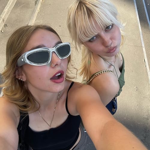 LJCZKA Y2K Rhinestone Wrap Around Sunglasses for Women Men Diamond Oval Sun Glasses Trendy Bling Punk Shield Shades2