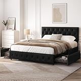Yaheetech 5ft King Bed Frame Upholstered Platform Bed with Adjustable Diamond Button-Tufted Headboard and 2 Drawers Storage/Sturdy Wood Slat Support/No Box Spring Needed,Black King Bed