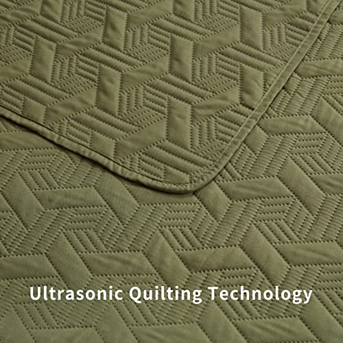 Full/Queen Quilt Set 3 Pieces,Lightweight Olive Green Bedspread-90''X98'',Soft Microfiber Summer Quilt/Coverlet,Luxurious Warm Bamboo Pattern Bedding Sets For All Seasons(Includes 1 Quilt, 2 Shams) #TOP4