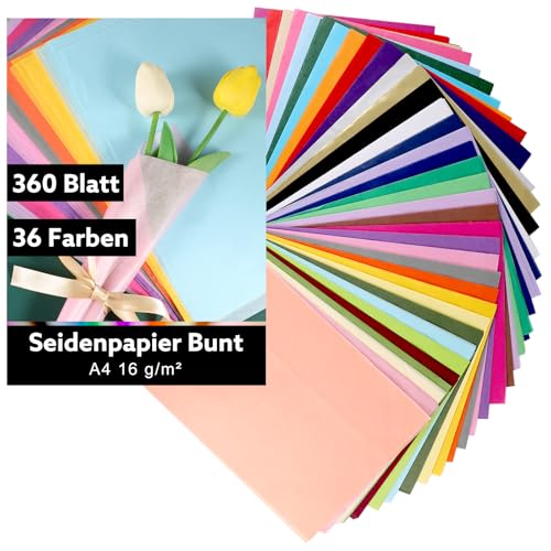 360 Blatt Seidenpapier Bunt, 36 Farben A4 Tissue Paper Seidenpapier zum Verpacken 16 g/m² Geschenkpapier für DIY Basteln Verpackung Weihnachten