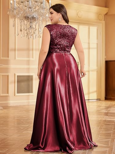 Image of Plus Size Satin Mother of the Bride Formal Gown for Wedding Sleeveless V-Neck Evening Dress
