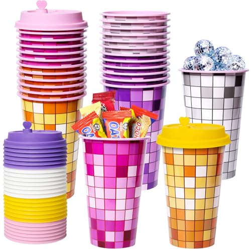 FZR Legend Disco Party Favors Goodie Cups, 24 Pack Decorations in 4 Colors, 16OZ Reusable 70s 80s Bachelorette Supplies With Lids and Plugs
