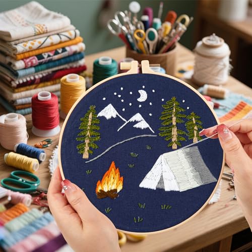 Image of Crafmanoe Christmas Embroidery Kits for Beginners Adults, Hand Embroidery Starter Kits, Christmas Cross Stitch Kits for Beginners Craft Kits for Adults Women, Embroidery Hoops, Thread & Video Tutorial