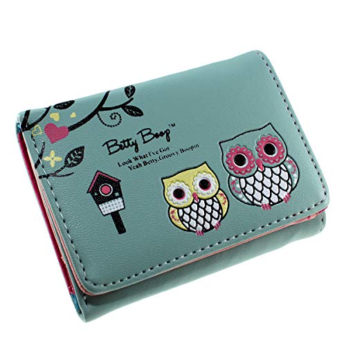 Unique Owl Cartoon Faux Leather Trifold Wallet Cash Coin Small Purse Card Holder for Women & Girls