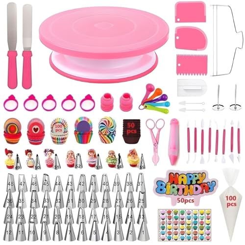 YOQXHY Cake Decorating Kit, 390 Pcs Baking Supplies Tools with Cake Turntable, Leveler, 55 Numbered Icing+Skirt Tips, 2 Spatulas, 3 Scrapers, 100 Pastry Bags,150 Cupcake Liners & More, (Pink)