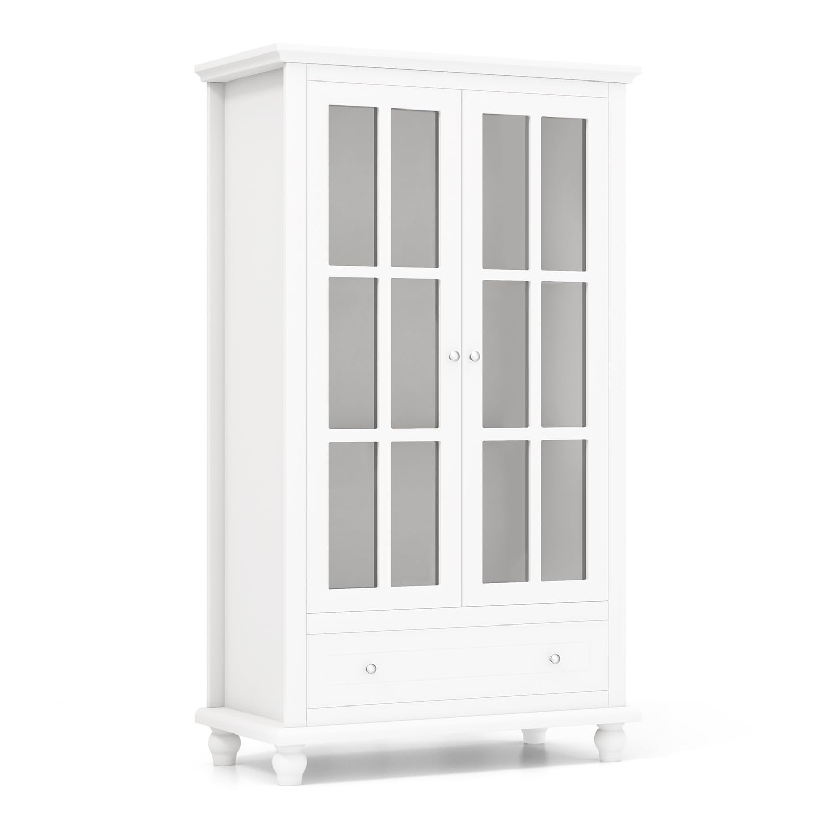 COSTWAY Bücherschrank, Vitrinenschrank mit Türen aus gehärtetem Glas, verstellbarem Regal & Schublade, Büroschrank, Aktenschrank für Heimbüro und Wohnzimmer, 80 x 40 x 139 cm, Weiß