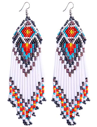 Coeufuedy Long Beaded Tassel Earrings Bohemian Fringe Drop Handmade Seed Bead Statement Earring for Women Girls