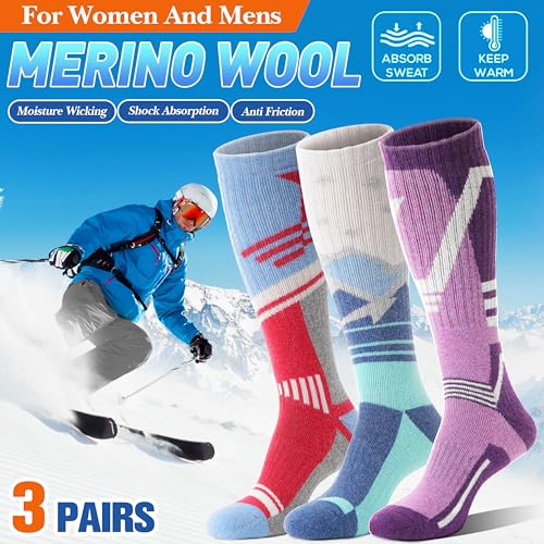3 Pairs Merino Wool Ski Socks Thermal Warm Winter Thick Knee High Snowboarding Skiing Socks for Women Men2