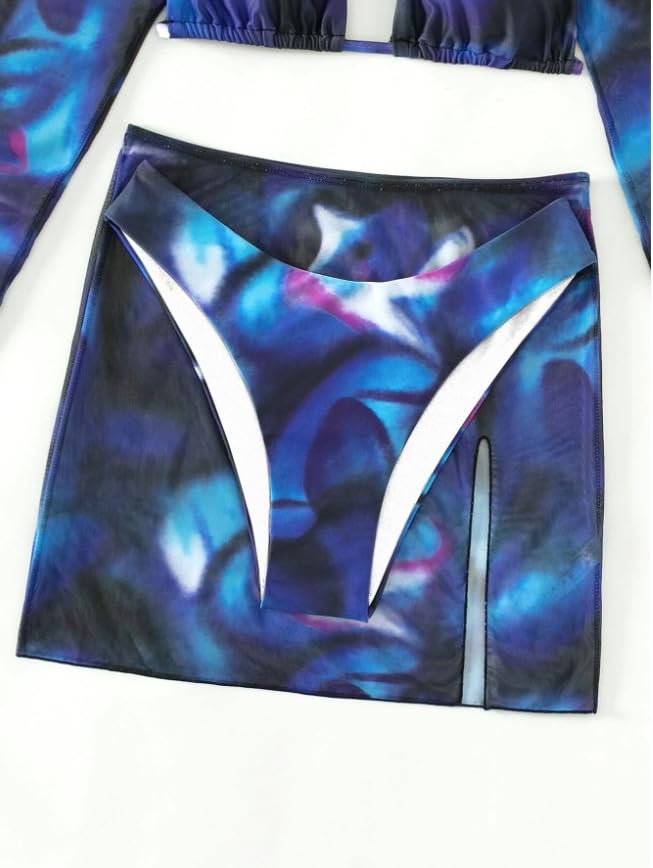 4 Piece Bikini Sets, High Cut Tie Dye Swimsuits, Sexy Bathing Suits with Long Sleeved Top and Skirt Bikini Set4