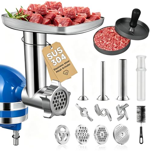 Image of Meat Grinder Attachment for Kitchen Aid Stand Mixer, Food Attachment Included 4 Grinding Plates, 3 Sausage Stuffer Tubes & Holder, 2 Grinding Blades, Burger Press, Dishwasher Safe, 304 Stainless Steel