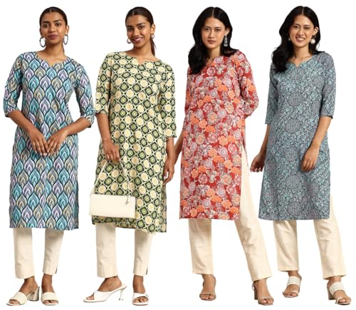 Image of JAKHANA Women's Crepe Printed Casual Straight Calf Length Round Nick Kurta Pack of 4