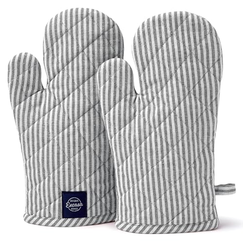 Encasa XO Long 18x30 cm Guantes de Mano para Microondas para Horno (2 pcs Set) para Cocinar y Hornear en la Cocina - Resistente al Calor, Grueso y Seguro - Ticking Negro