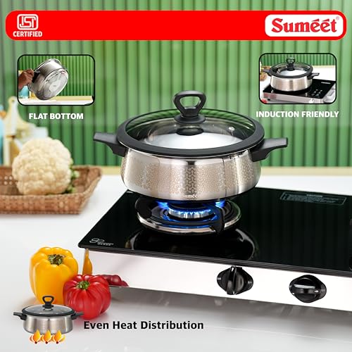 Image of Sumeet ISI Certified Stainless Steel Cook & Serve Designer Shallow Biryani Pot /Casserole with Glass Lid |Induction and Gas Compatible | Capacity - 3500ml -Dia - 25cm, Silver