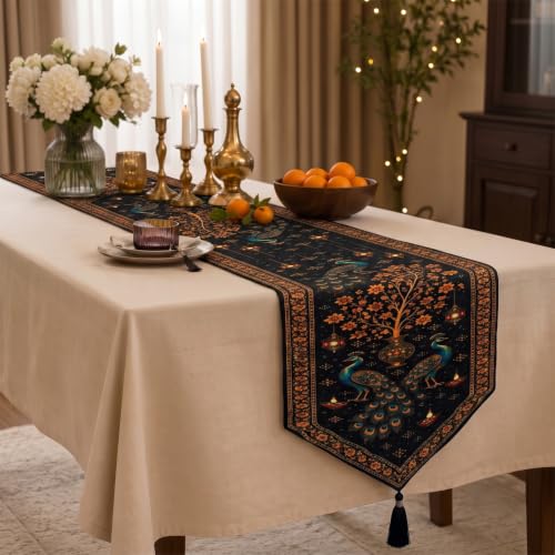 Image of Dining Table Runner -Diwali Peacock Printed Theme,Digital Print, Washable, Indoor /Outdoor, Heat-Proof, Wipe & Clean (135X33 cm) Navy & Orange