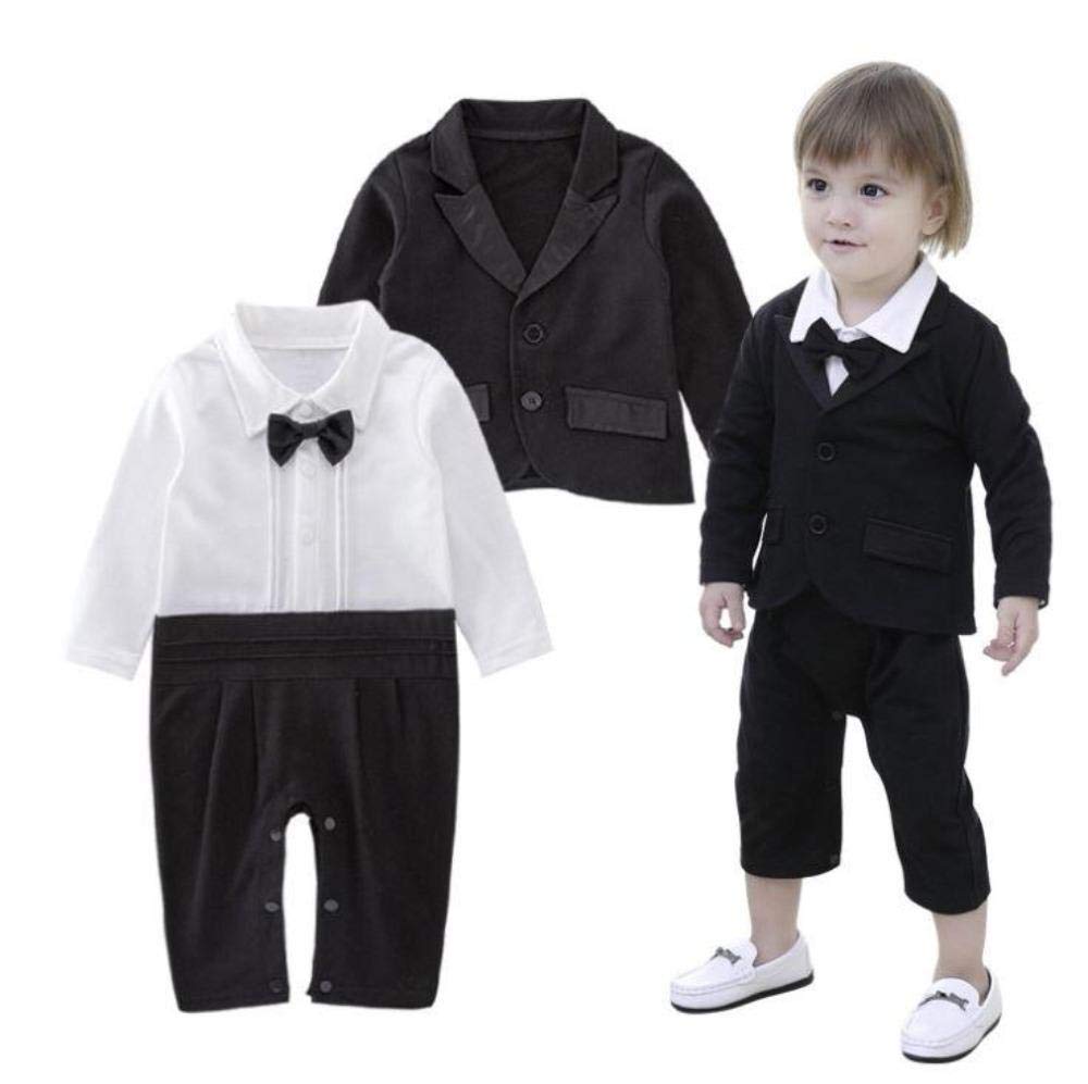ELSKYBaby Boy Tuxedo Romper and Jacket 2-pc Cropped Trousers Formal Wear Suit