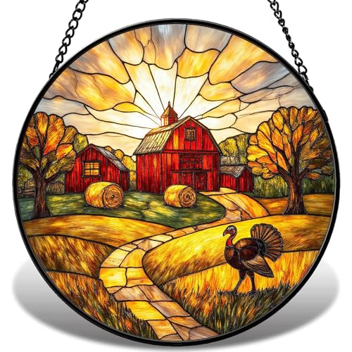 JAWNLITY Stained Glass Suncatcher Autumn Farm Turkey