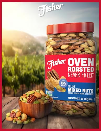 Image of Fisher Oven Roasted Never Fried Deluxe Mixed Nuts, 24 Ounces, Almonds, Cashews, Pecans, Pistachios, Healthy Snacks for Adults, Made With Sea Salt, No Added Oil, Trail Mix, Gluten Free (Pack of 2)
