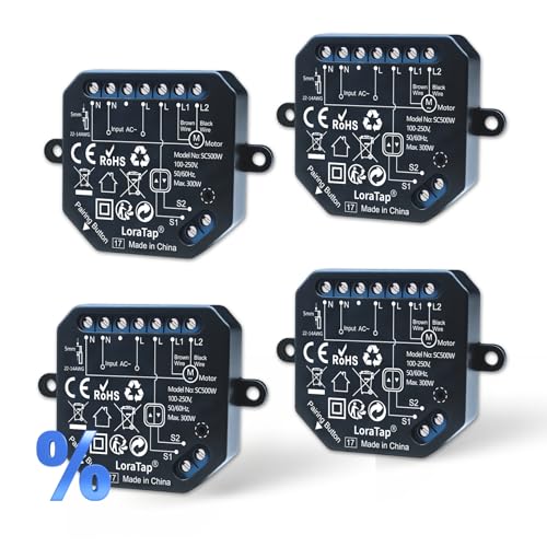 LoraTap WLAN-Rollladensteuerung für Rollläden & motorisierte Jalousien, 0–100 % Positionierung, Sprachsteuerung mit Alexa, 2-Tasten-Wipp-/Taster-kompatibel, 2,4 GHz, 4er-Pack, 300 W