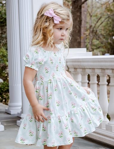 Toddler Baby Girls Summer Floral Dress Kids Puff Sleeve Square Neck Smocked Flowy Sun Dresses 2-8 Years2