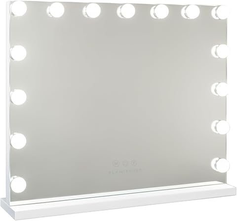 Flamingueo Espejo Maquillaje con Luz, 15 Bombillas LED, 3 Modos de Luz, Intensidad Ajustable, Control Táctil, Puerto USB, Accesorio de Aumento Incluido, Blanco, 58 x 46 x 12 cm