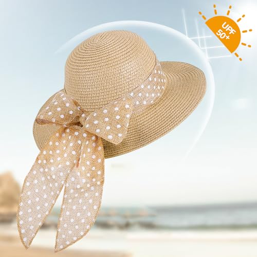 Girls Straw Sun Hat with Bowknot, Boho Summer Beach Hat, Wide Brim Floppy Hat, Outdoor Sun Protection Hat for Kids Ages 3-63